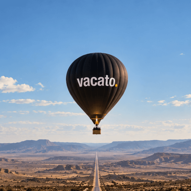 Montgolfière noire vacato. survolant une route rectiligne du désert, menant vers l'horizon